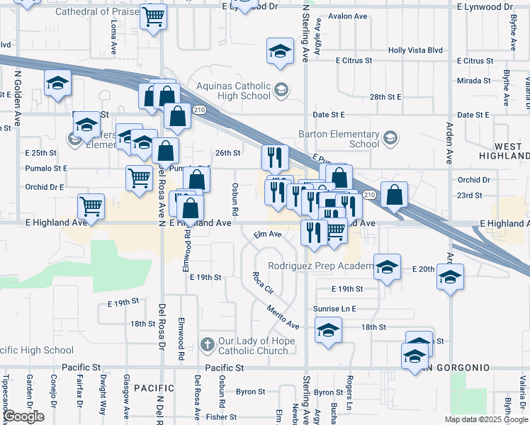 map of restaurants, bars, coffee shops, grocery stores, and more near 1908 East Highland Avenue in San Bernardino