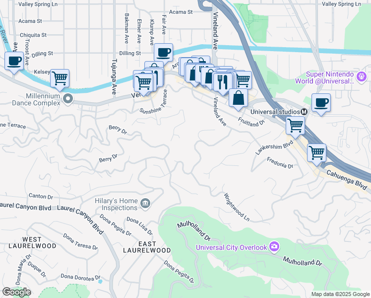 map of restaurants, bars, coffee shops, grocery stores, and more near 3633 Wrightwood Drive in Los Angeles