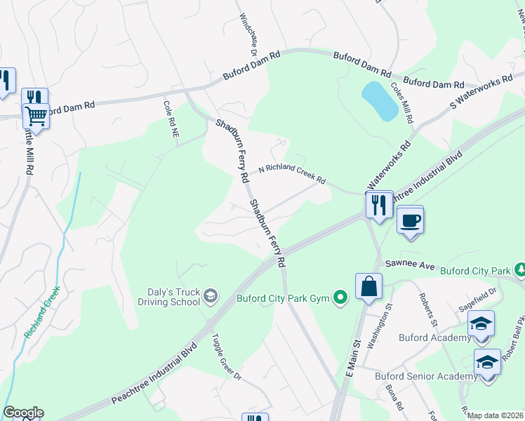 map of restaurants, bars, coffee shops, grocery stores, and more near 2438 Shad Burn Ferry Drive in Buford