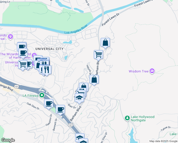 map of restaurants, bars, coffee shops, grocery stores, and more near 3488 Troy Drive in Los Angeles