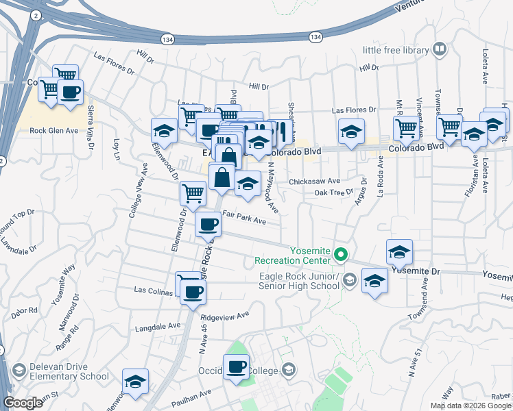 map of restaurants, bars, coffee shops, grocery stores, and more near 2057 Fair Park Avenue in Los Angeles