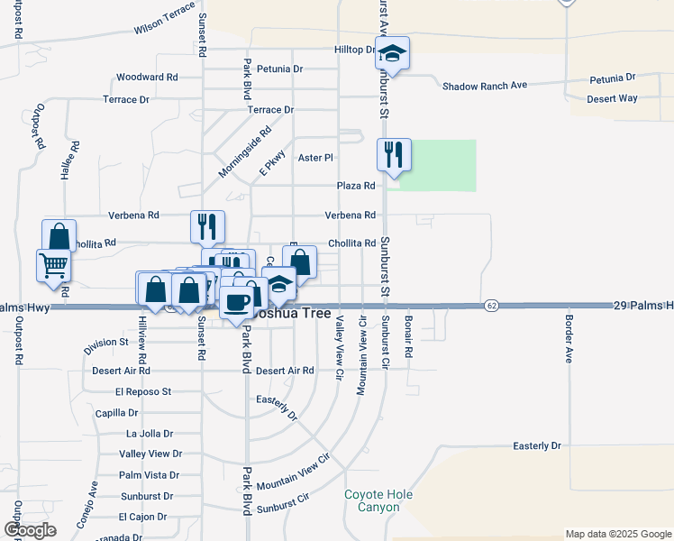 map of restaurants, bars, coffee shops, grocery stores, and more near 6424 Valley View Street in Joshua Tree