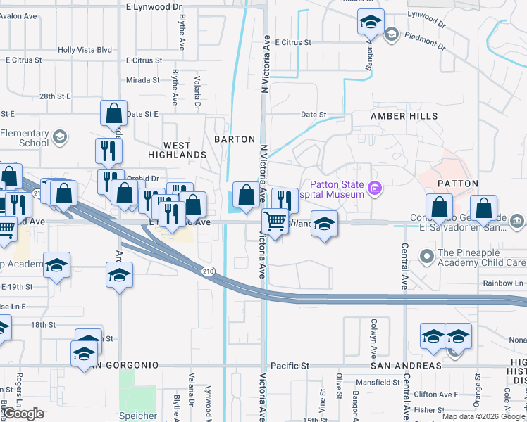 map of restaurants, bars, coffee shops, grocery stores, and more near in San Bernardino