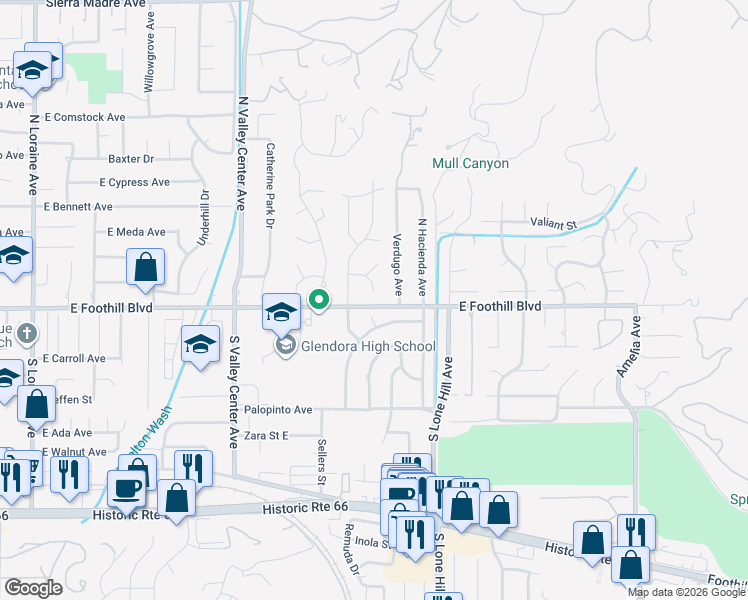 map of restaurants, bars, coffee shops, grocery stores, and more near 127 Verdugo Avenue in Glendora