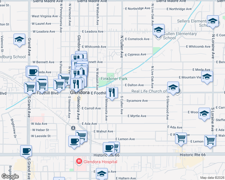 map of restaurants, bars, coffee shops, grocery stores, and more near 402 East Dalton Avenue in Glendora