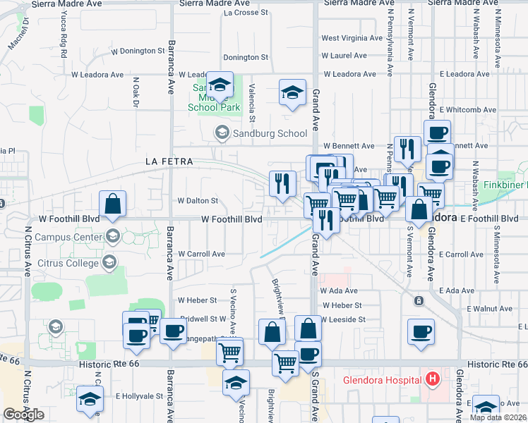 map of restaurants, bars, coffee shops, grocery stores, and more near 128 North Valencia Avenue in Glendora