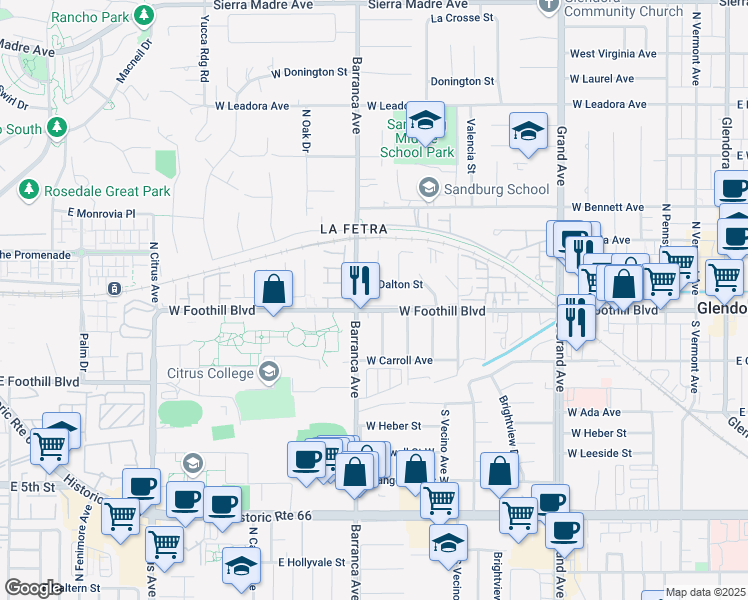 map of restaurants, bars, coffee shops, grocery stores, and more near 137 North Marcile Avenue in Glendora