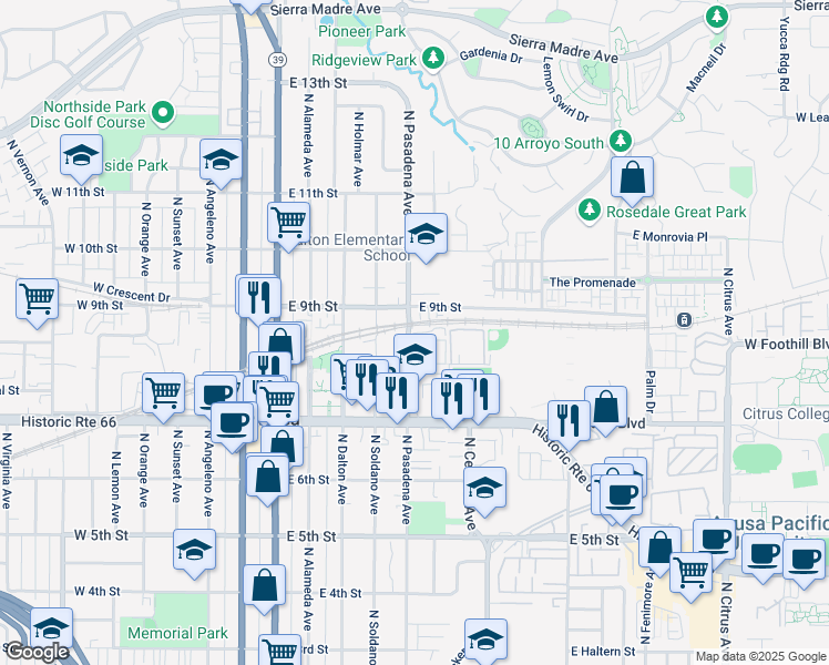 map of restaurants, bars, coffee shops, grocery stores, and more near 538 East 9th Street in Azusa