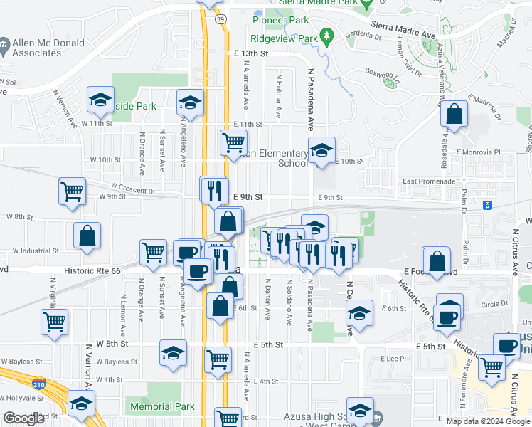 map of restaurants, bars, coffee shops, grocery stores, and more near 203 East 9th Street in Azusa