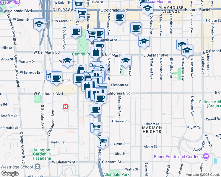 map of restaurants, bars, coffee shops, grocery stores, and more near 509 South Marengo Avenue in Pasadena