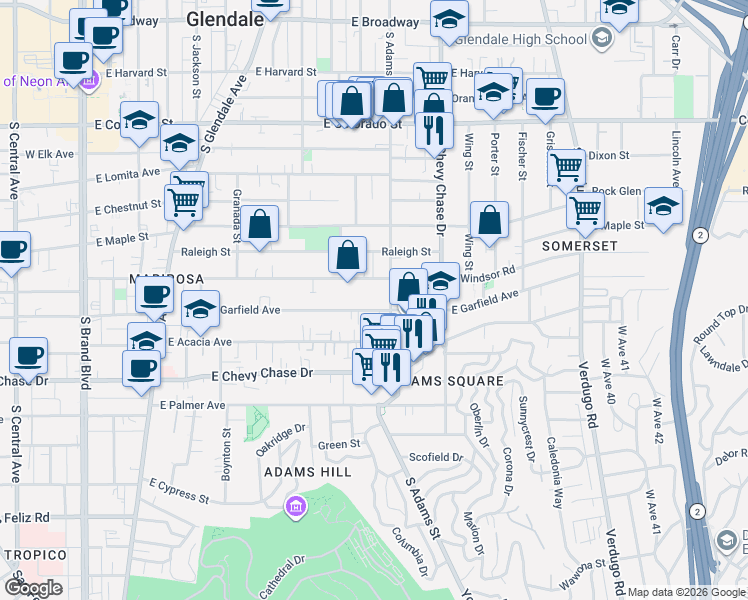 map of restaurants, bars, coffee shops, grocery stores, and more near 1022 East Windsor Road in Glendale