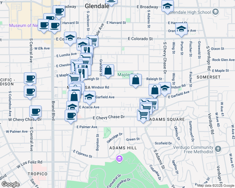 map of restaurants, bars, coffee shops, grocery stores, and more near 704 East Windsor Road in Glendale
