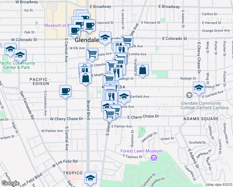 map of restaurants, bars, coffee shops, grocery stores, and more near 803 South Glendale Avenue in Glendale
