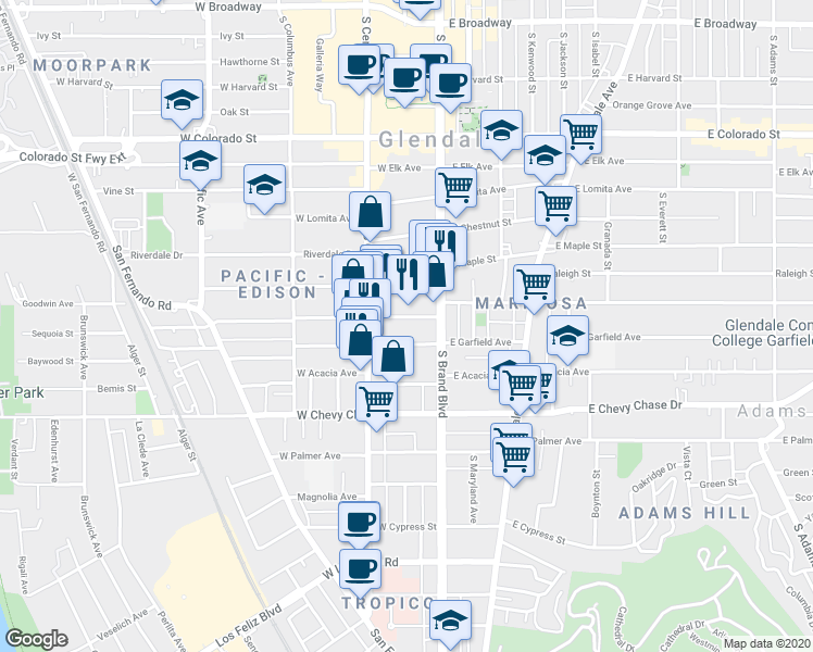 map of restaurants, bars, coffee shops, grocery stores, and more near 211 West Windsor Road in Glendale