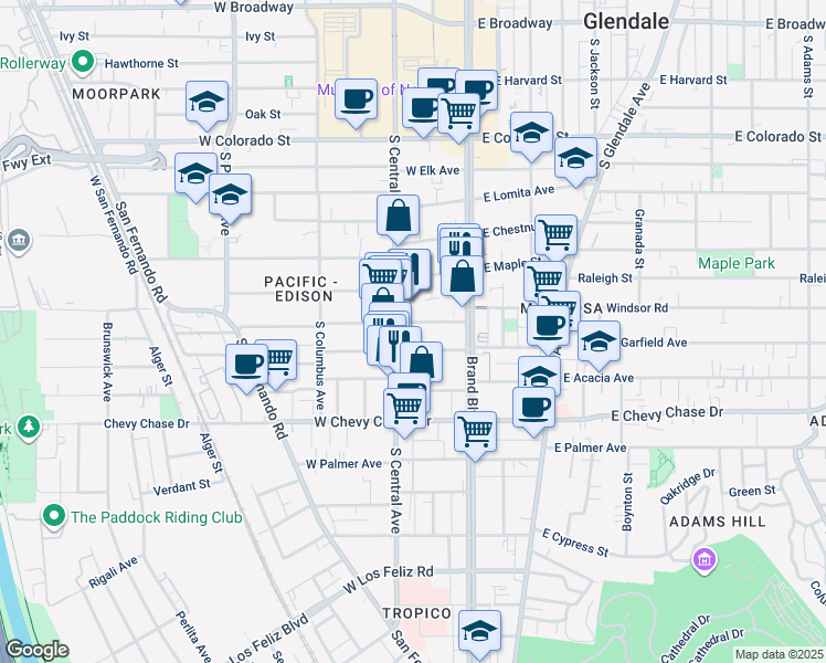 map of restaurants, bars, coffee shops, grocery stores, and more near 211 West Windsor Road in Glendale