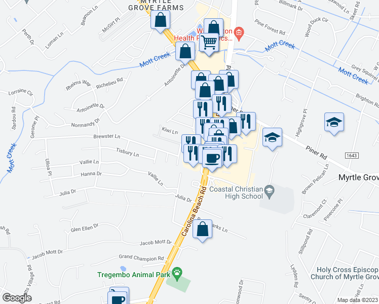 map of restaurants, bars, coffee shops, grocery stores, and more near 5610 Carolina Beach Road in Wilmington