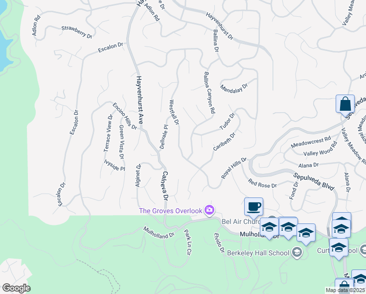 map of restaurants, bars, coffee shops, grocery stores, and more near 3610 Westfall Drive in Los Angeles