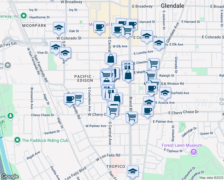 map of restaurants, bars, coffee shops, grocery stores, and more near 211 West Windsor Road in Glendale