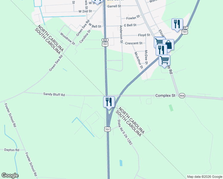 map of restaurants, bars, coffee shops, grocery stores, and more near 911 Hickman Road in Tabor City