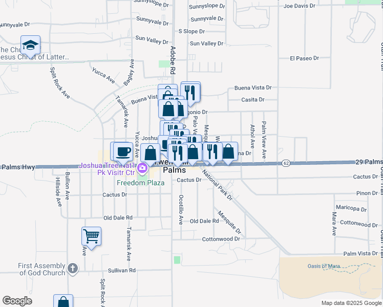 map of restaurants, bars, coffee shops, grocery stores, and more near 6462 Palo Verde Avenue in Twentynine Palms