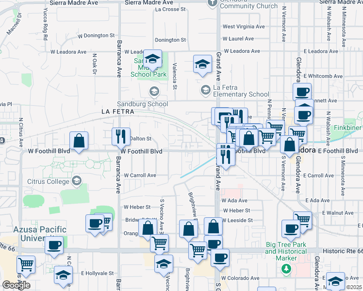 map of restaurants, bars, coffee shops, grocery stores, and more near 601 West Foothill Boulevard in Glendora