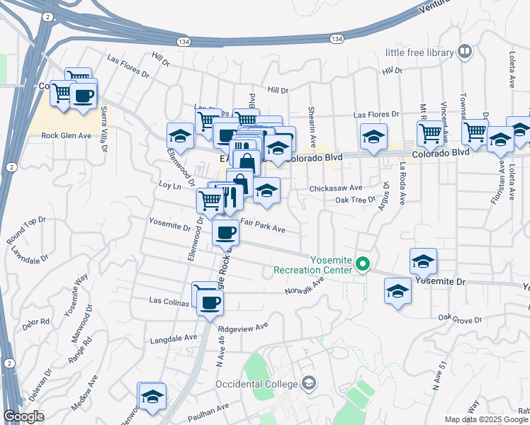 map of restaurants, bars, coffee shops, grocery stores, and more near 2057 Fair Park Avenue in Los Angeles