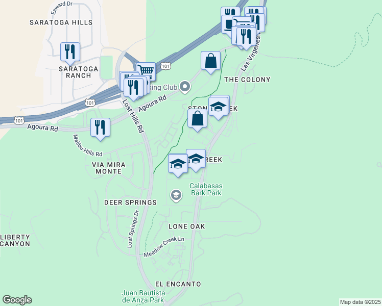map of restaurants, bars, coffee shops, grocery stores, and more near 4201 Las Virgenes Road in Calabasas