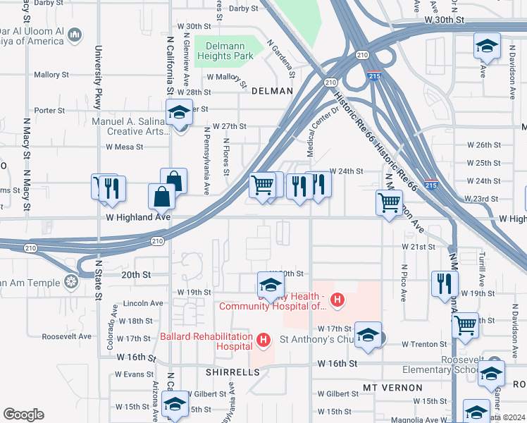 map of restaurants, bars, coffee shops, grocery stores, and more near 1700 West Highland Avenue in San Bernardino