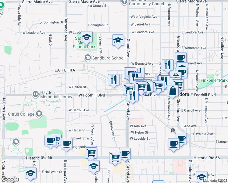 map of restaurants, bars, coffee shops, grocery stores, and more near 533 West Foothill Boulevard in Glendora