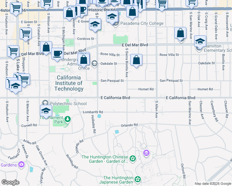 map of restaurants, bars, coffee shops, grocery stores, and more near 1527 East California Boulevard in Pasadena