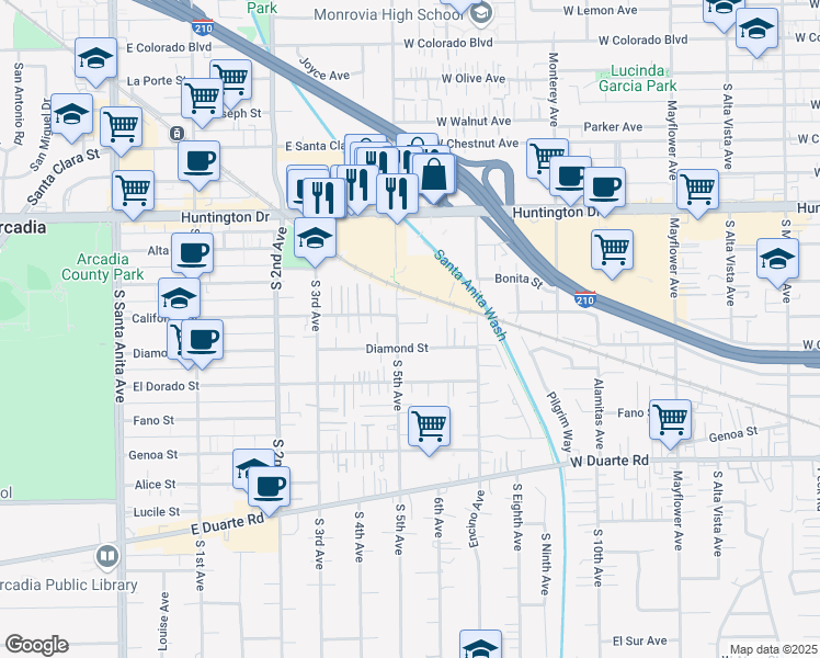map of restaurants, bars, coffee shops, grocery stores, and more near 944 Sierra Blanca Drive in Monrovia