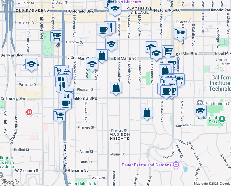 map of restaurants, bars, coffee shops, grocery stores, and more near 497 East California Boulevard in Pasadena