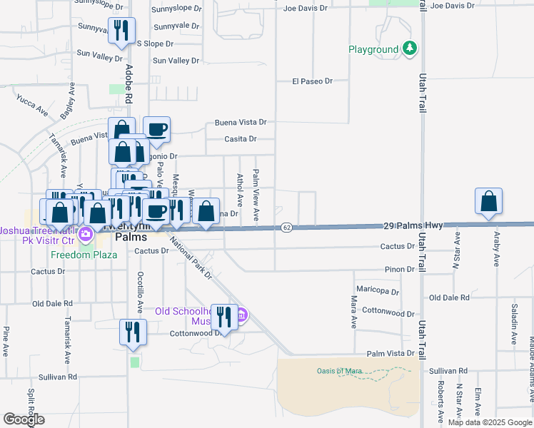 map of restaurants, bars, coffee shops, grocery stores, and more near 6476 Desert Knoll Avenue in Twentynine Palms
