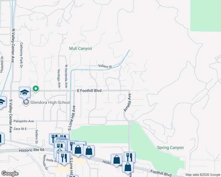 map of restaurants, bars, coffee shops, grocery stores, and more near 124 Morgan Ranch Road in Glendora