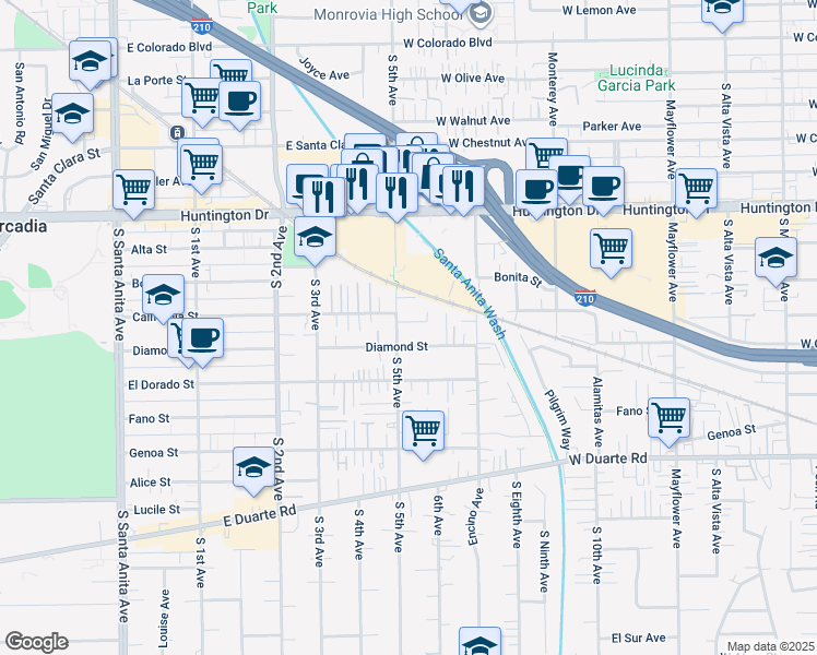 map of restaurants, bars, coffee shops, grocery stores, and more near 944 Sierra Blanca Drive in Monrovia