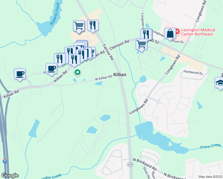 map of restaurants, bars, coffee shops, grocery stores, and more near 9641 Farrow Road in Columbia