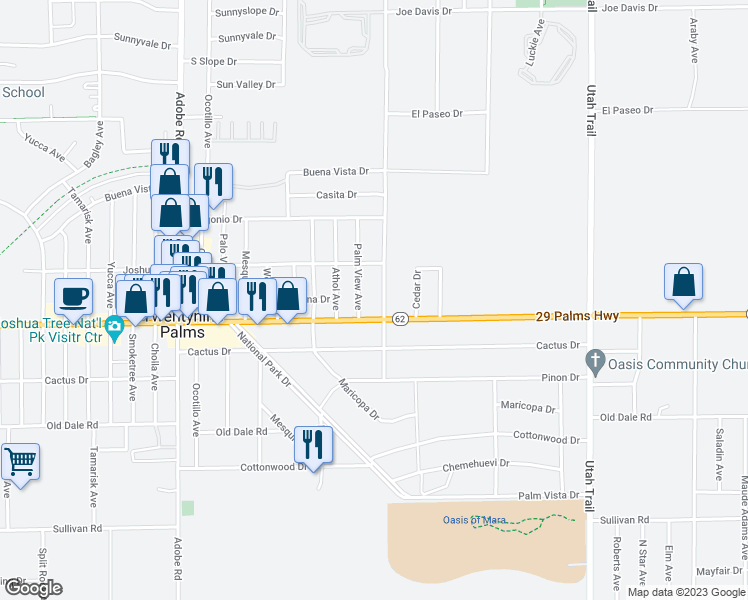 map of restaurants, bars, coffee shops, grocery stores, and more near 6476 Desert Knoll Avenue in Twentynine Palms