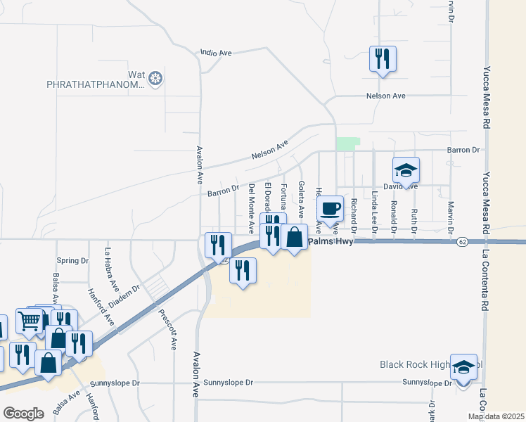 map of restaurants, bars, coffee shops, grocery stores, and more near 6422 El Dorado Avenue in Yucca Valley