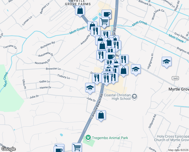 map of restaurants, bars, coffee shops, grocery stores, and more near 5610 Carolina Beach Road in Wilmington