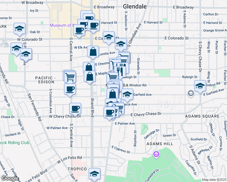 map of restaurants, bars, coffee shops, grocery stores, and more near 819 South Glendale Avenue in Glendale