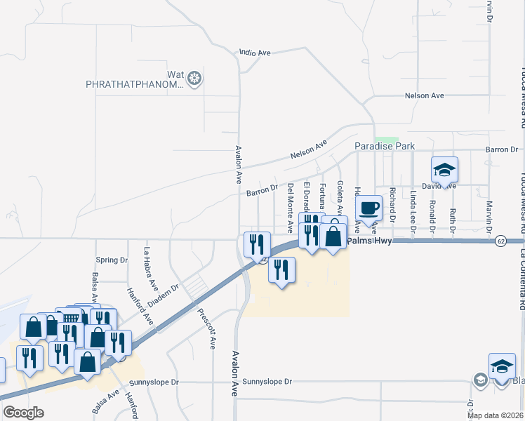 map of restaurants, bars, coffee shops, grocery stores, and more near 6427 Balboa Avenue in Yucca Valley