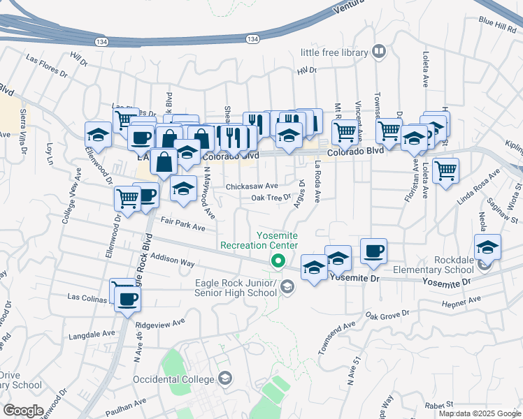 map of restaurants, bars, coffee shops, grocery stores, and more near 1869 Montiflora Avenue in Los Angeles