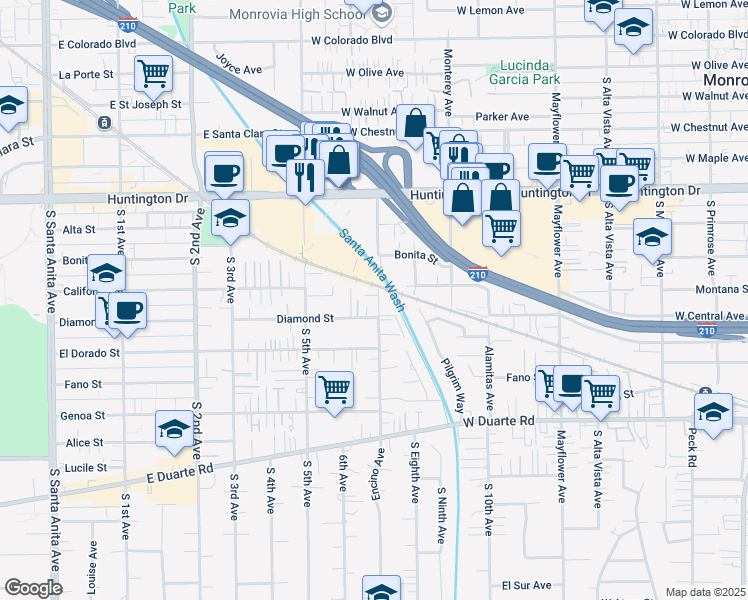 map of restaurants, bars, coffee shops, grocery stores, and more near 1408 Encino Avenue in Monrovia