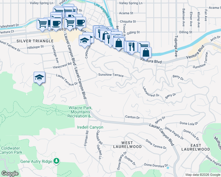 map of restaurants, bars, coffee shops, grocery stores, and more near 11765 Laurelcrest Drive in Los Angeles
