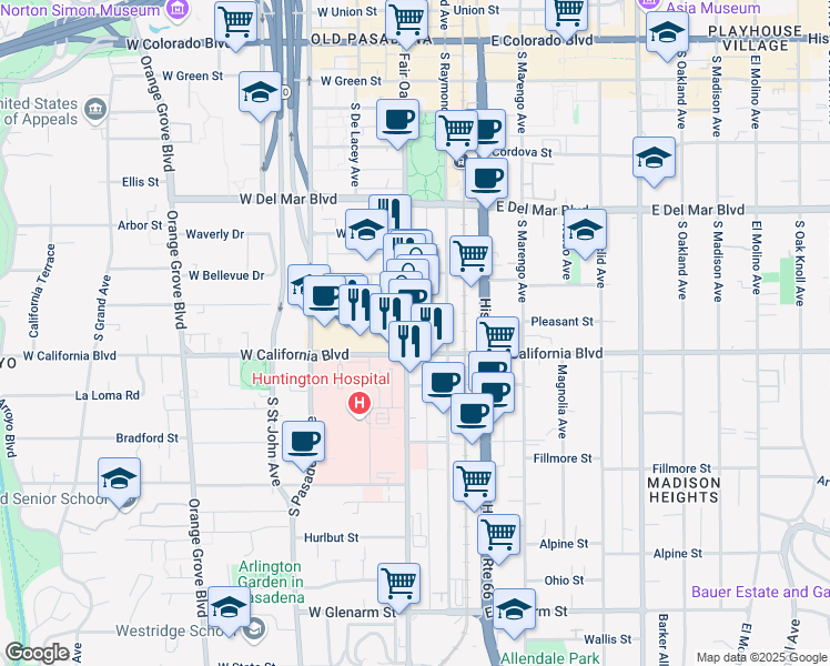 map of restaurants, bars, coffee shops, grocery stores, and more near 512 South Fair Oaks Avenue in Pasadena