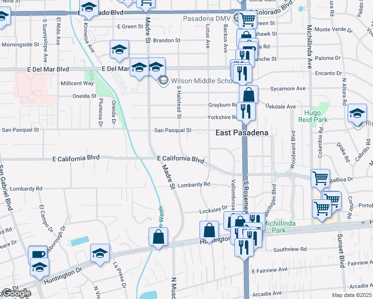 map of restaurants, bars, coffee shops, grocery stores, and more near 3505 East California Boulevard in Pasadena