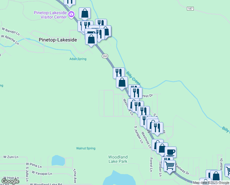 map of restaurants, bars, coffee shops, grocery stores, and more near 431 South Cotton Tail Drive in Pinetop-Lakeside