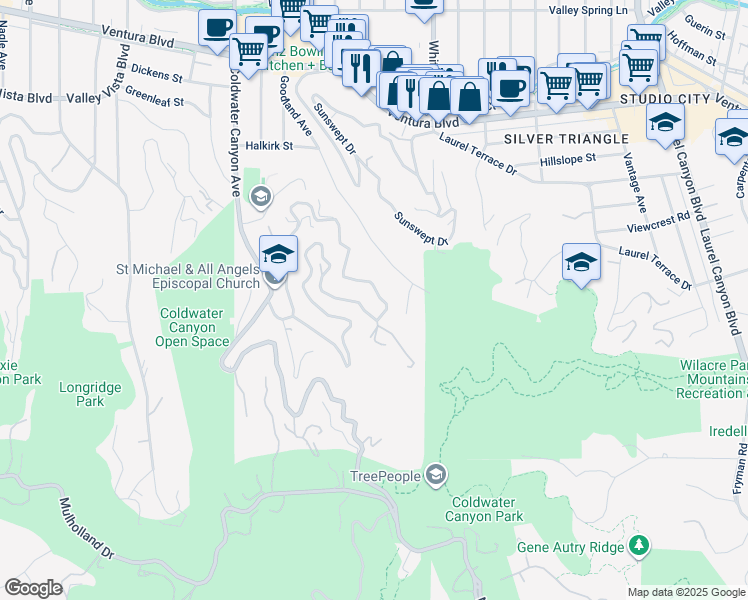 map of restaurants, bars, coffee shops, grocery stores, and more near 3637 Avenida Del Sol in Los Angeles