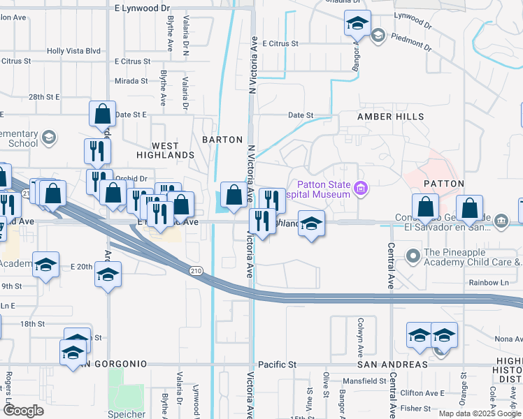 map of restaurants, bars, coffee shops, grocery stores, and more near 3102 Highland Avenue in San Bernardino