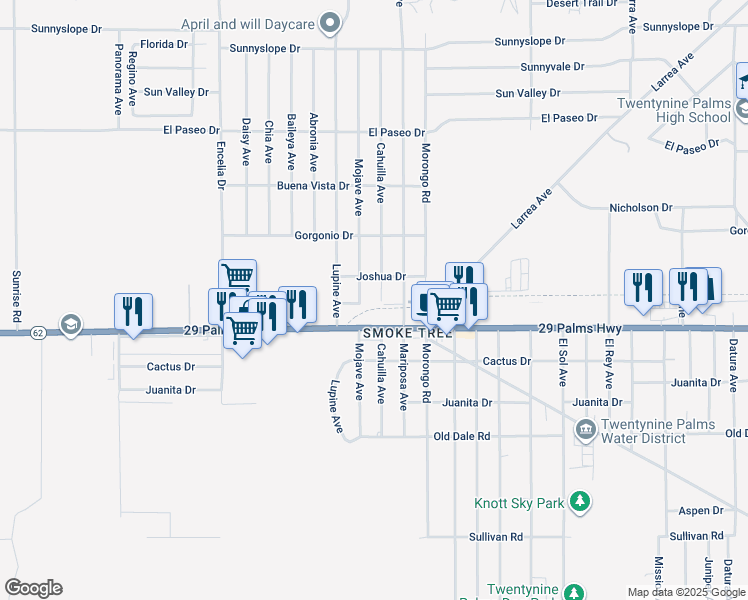 map of restaurants, bars, coffee shops, grocery stores, and more near 6460 Cahuilla Avenue in Twentynine Palms